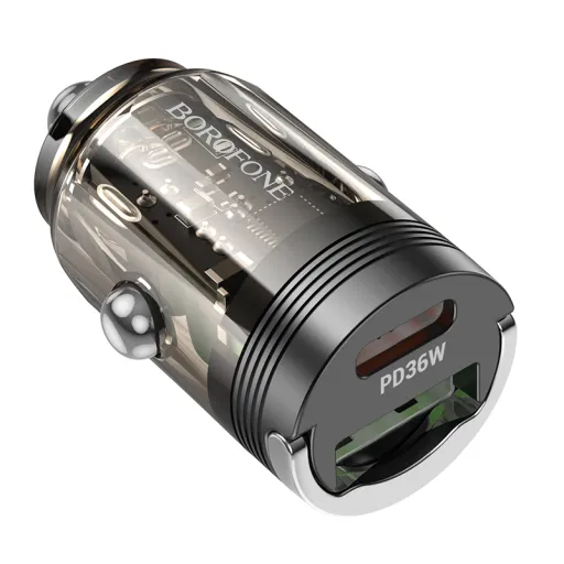 Borofone autós töltő BZ29A Talented - USB + Type C - QC 3.0 PD 36W 3A átlátszó-fekete