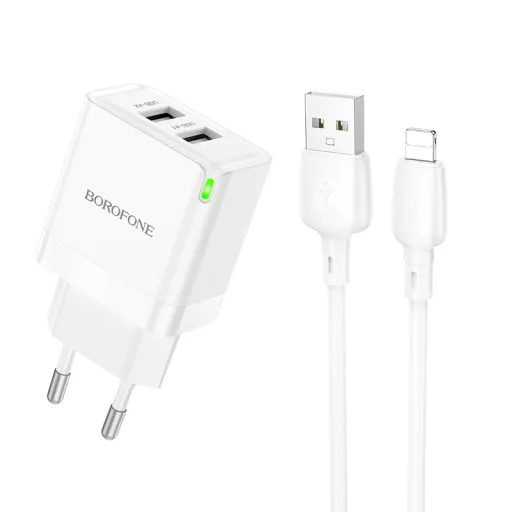 Borofone hálózati USB töltő adapter BN15 Strong - 2xUSB - 2,1A Lightning kábellel fehér