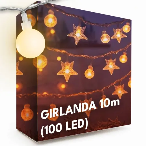 10 méteres LED girland (100 LED) csillagokkal és gömbökkel, meleg fehér