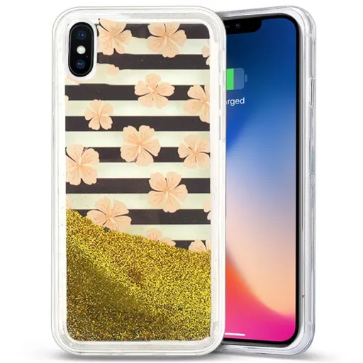 iPhone X/XS Zizo Liquid Glitter Star tok rózsaszín virágmintás