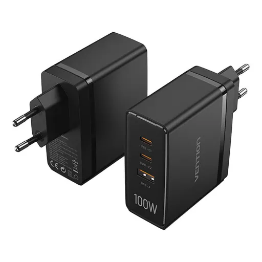 Vention FEGB0-EU hálózati töltő 2xUSB-C 1xUSB-A 100W/100W/30W GaN (fekete)