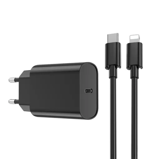 WIWU fali töltő Wi-U001 PD 20W 1x USB-C fekete + kábel USB-C - Lightning