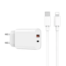 WIWU falitöltő Wi-U002 PD + QC 20W 1x USB 1x USB-C fehér + USB-C - Lightning kábel