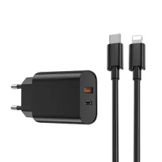 WIWU fali töltő Wi-U002 PD + QC 20W 1x USB 1x USB-C fekete + USB-C - Lightning kábel