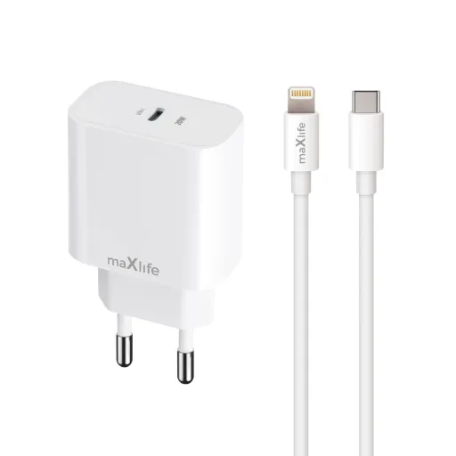 Maxlife MXTC-06-20C PD QC töltő 1x USB-C 20W fehér + USB-C - Lightning kábel 20W