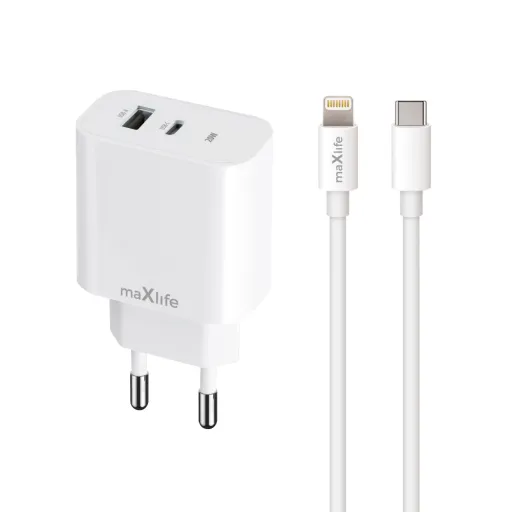 Maxlife MXTC-06-20AC PD QC töltő 1x USB-C 1x USB 20W fehér + USB-C - Lightning kábel 20W