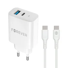 Forever TC-07-30AC PD QC töltő 1x USB-C 1x USB 30W fehér + USB-C - USB-C kábel 60W