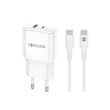 Forever TC-01-20AC PD QC töltő 1x USB-C 1x USB 20W fehér + USB-C - USB-C kábel 20W