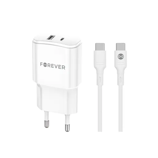 Forever TC-01-20AC PD QC töltő 1x USB-C 1x USB 20W fehér + USB-C - USB-C kábel 20W