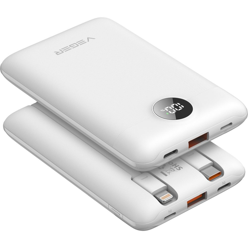 VEGER powerbank 10 000 mAh beépített kábelekkel Type C / Lightning PD QC3.0 2A 22,5W C11C (W1170) fehér