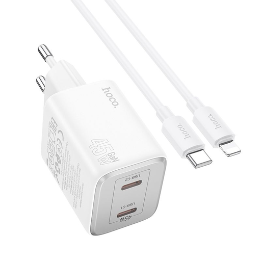 HOCO töltő 2 x Type C + kábel Type C - Lightning PD QC 45W GaN N42 fehér