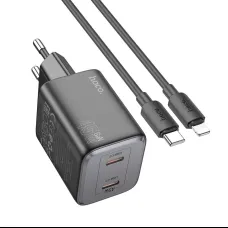 HOCO töltő 2 x Type C + kábel Type C - Lightning PD QC 45W GaN N42 fekete