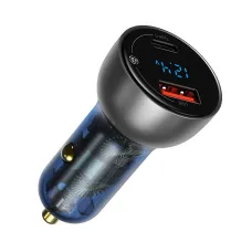 Baseus Univerzális autós töltő USB / USB Type C 65 W 5 A SCP Quick Charge 4.0 + Power Delivery 3.0 LCD kijelzővel szürke (CCKX-C0G)