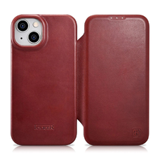 iCarer CE Oil Wax Prémium Bőr Fliptok iPhone 14 Plus Mágneses Bőr Fliptok MagSafe Piros tok