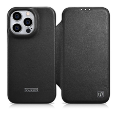 iCarer CE Prémium Bőr Flip Tok iPhone 14 Pro Mágneses Bőr Fliptok MagSafe fekete tok