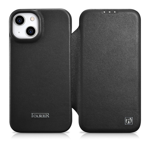 iCarer CE Prémium Bőr Fliptok iPhone 14 Plus mágneses fliptok MagSafe fekete (WMI14220715-BK) tok iCarer CE Prémium Bőr Fliptok iPhone 14 Plus mágneses fliptok MagSafe fekete (WMI14220715-BK) tok