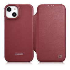 iCarer CE Prémium Bőr Fliptok iPhone 14 Plus Mágneses Bőr Fliptok MagSafe Piros Tok