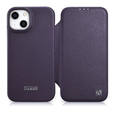 iCarer CE Prémium Bőrből Készült Fliptok iPhone 14 Plus Mágneses Fliptok MagSafe Sötétlila (WMI14220715-DP) tok