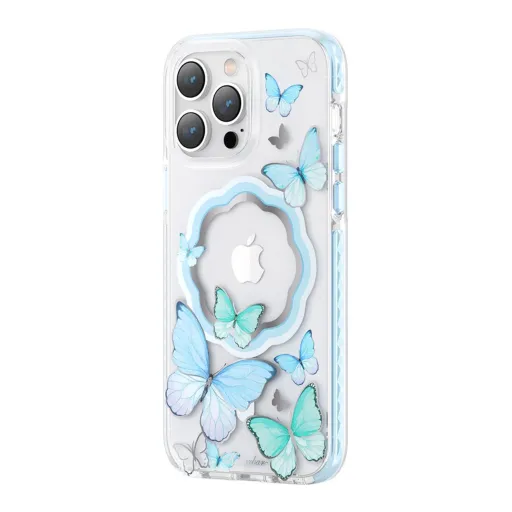 Kingxbar Butterfly Series mágneses tok iPhone 14 Pro számára MagSafe tok pillangókkal kék