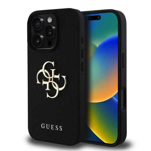 Guess PU Grained 4G Metal Logo fekete tok iPhone 16 Pro-hoz