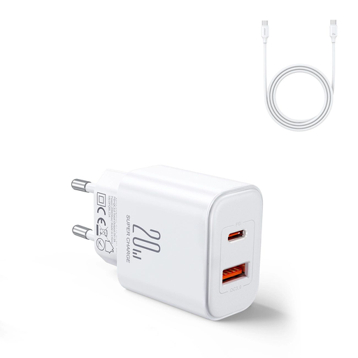 EU Joyroom JR-TCF05 20W USB-A USB-C töltő + USB-C kábel - fehér