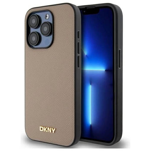 DKNY Grained Metal Logo MagSafe iPhone 15 Pro tok - bézs