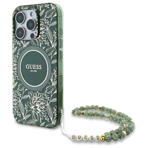 Guess IML Flowers Allover Electro Gyöngy Pánttal MagSafe iPhone 16 Pro Max tok - zöld