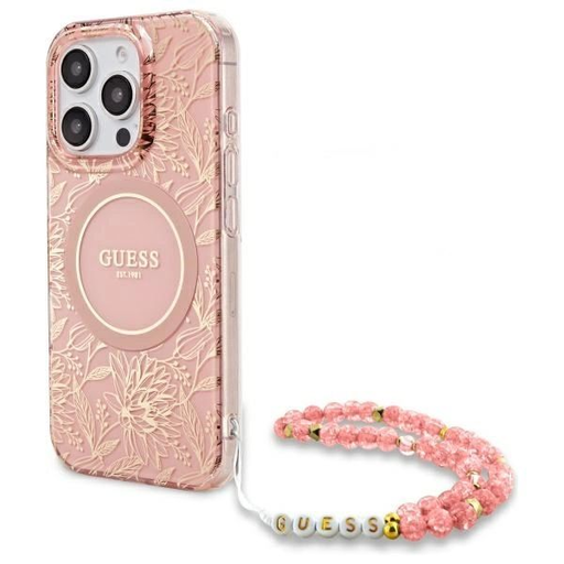 Guess IML Flowers Allover Electro gyöngypántos MagSafe tok iPhone 16 Pro Max - rózsaszín tok