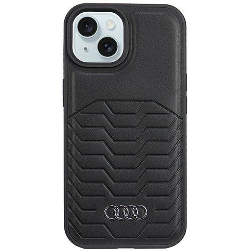 Eredeti tok IPHONE 13 / 14 / 15 Audi szintetikus bőr MagSafe (AU-TPUPCMIP15-GT/D3-BK) fekete tok Eredeti tok IPHONE 13 / 14 / 15 Audi szintetikus bőr MagSafe (AU-TPUPCMIP15-GT/D3-BK) fekete tok