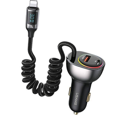 USAMS C37 Autós töltő 1xUSB+1xUSB-C 60W + Lightning kábel 30W PD+QC Gyors töltés fekete/fekete CC193CC01 (US-CC193)