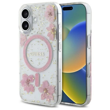 Guess Resin Flower Glitter MagSafe tok iPhone 16 - rózsaszín