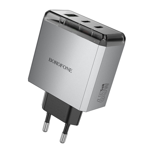 Borofone fali töltő BN22 Lena GaN - 2xType C + USB - QC 3.0 PD 65W szürke