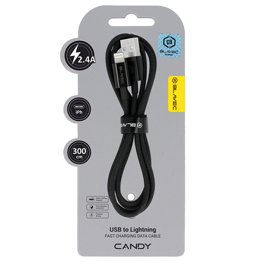 Blavec Cable Candy fonott - USB Lightning kábel - 2,4A 3 méter (CCA-UL24B30) fekete