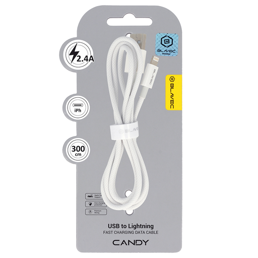 Blavec Kábel Candy fonott - USB-A Lightning - 2,4A 3 méter (CCA-UL24W30) fehér