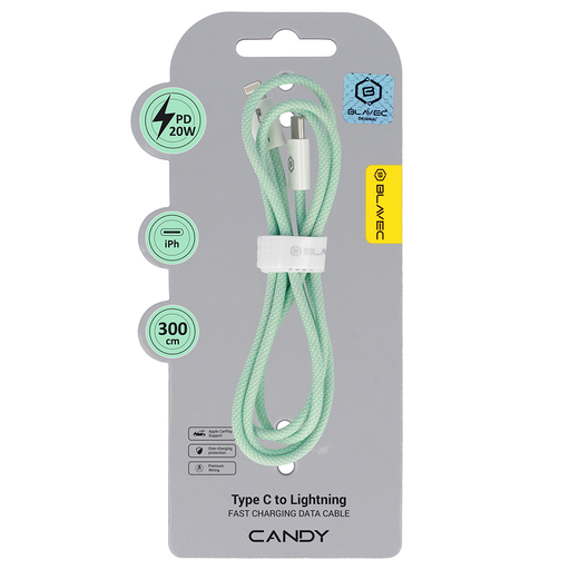 Blavec Cable Candy fonott - USB-C - Lightning - PD 20W 2,4A 3 méter (CCA-CL24GN30) zöld