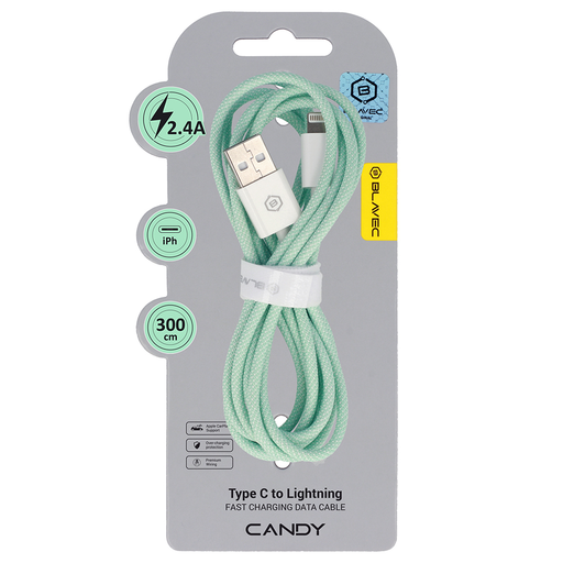 Blavec Cable Candy fonott - USB - Lightning - 2,4A 3 méter (CCA-UL24GN30) zöld Lightning USB kábel