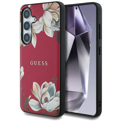 Guess Grained Printed Flower minta MagSafe tok Samsung Galaxy S25 fukszia