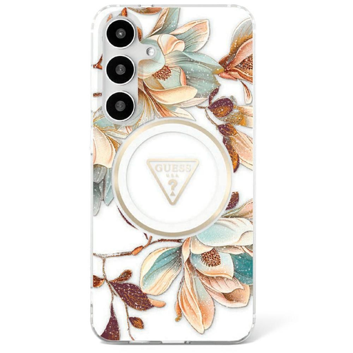 GUESS tok Samsung Galaxy S25 Ultra GUHMS25LHFLPEDH (Mágneses IML Fém Csillogó Virágok Háromszög) fehér tok GUESS tok Samsung Galaxy S25 Ultra GUHMS25LHFLPEDH (Mágneses IML Fém Csillogó Virágok Háromszög) fehér tok