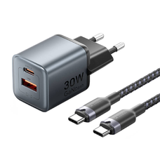 Vention GaN töltő USB-C+A 30W +1m USB-C-C kábel (szürke)