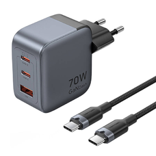 Vention GaN töltő USB-C+C+A 70W +1m USB-C-C kábel (Szürke)