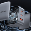 Vention GaN töltő USB-C+C+A 70W +1m USB-C-C kábel (Szürke) - 2. kép