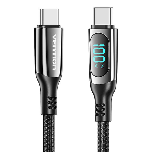 USB 2.0 C-C 100W Vention Férfi 5A LED Kábel 1.2M (Fekete)