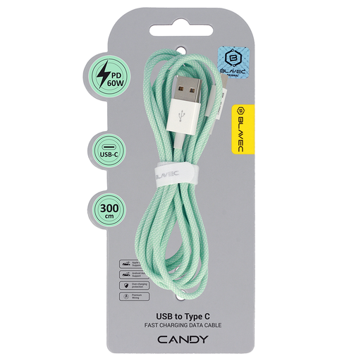 Blavec Cable Candy fonott kábel - USB to Type C - PD 60W 3A 3 méter (CCA-UC3GN30) zöld