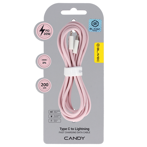 Blavec Cable Candy fonott - USB-C Lightning kábel - PD 20W 2,4A 2 méter (CCA-CL24P20) rózsaszín