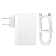 Baseus fali töltő GaN5 Pro PD 140W 2x USB-C 1x USB fehér + USB-C - USB-C 240W kábel