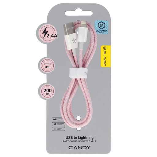 Blavec Cable Candy fonott - USB to Lightning - 2,4A 2 méter (CCA-UL24P20) rózsaszín,