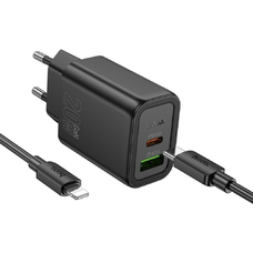 HOCO hálózati töltő USB A + Type C + kábel Type C to Type C PD QC3.0 3A 20W N61 fekete