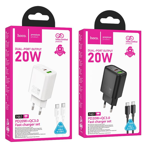 HOCO hálózati töltő USB A + Type C + kábel Type C to Type C PD QC3.0 3A 20W N61 fekete