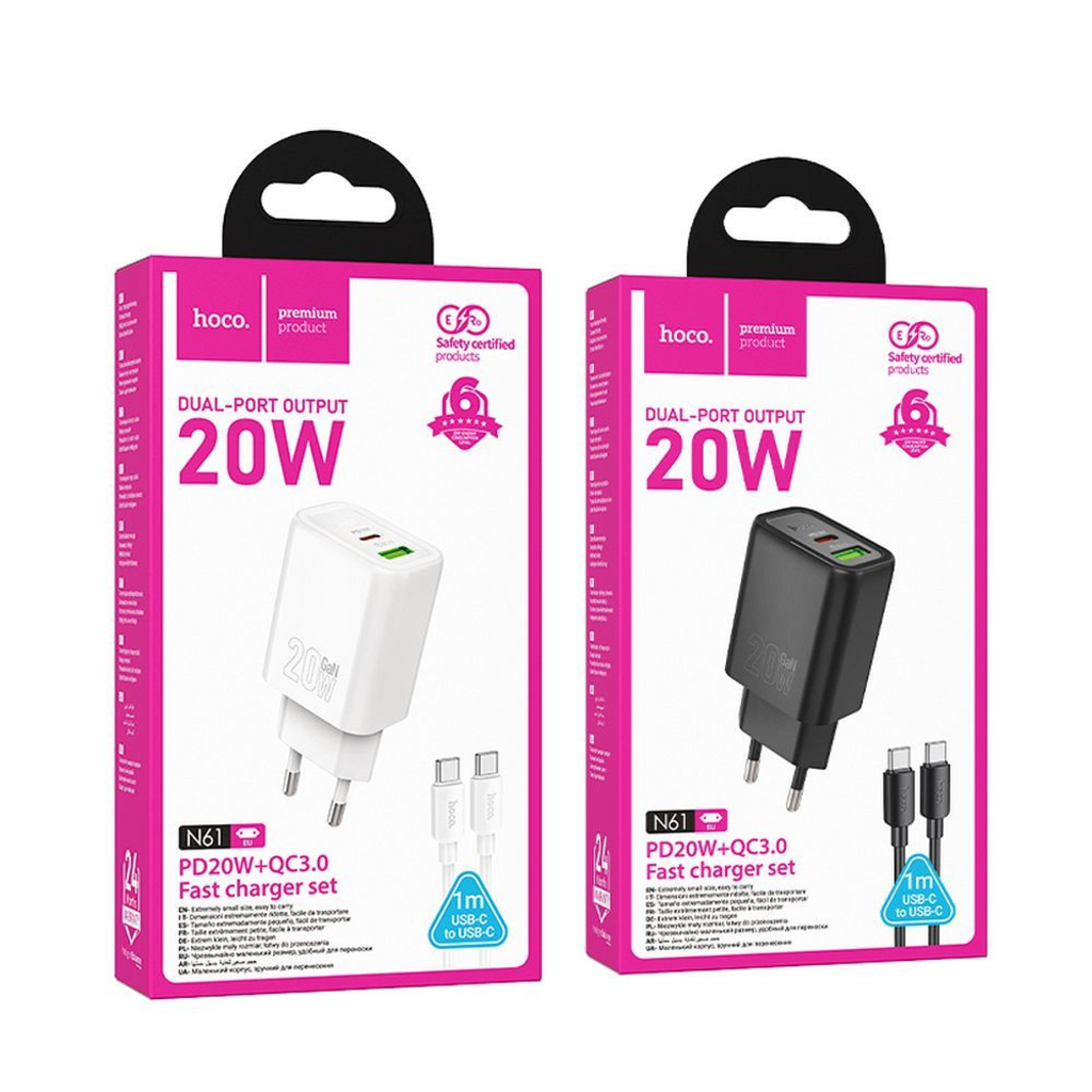 HOCO fali töltő USB A + Type C + kábel Type C - Lightning PD QC3.0 3A 20W N61 fekete - 7
