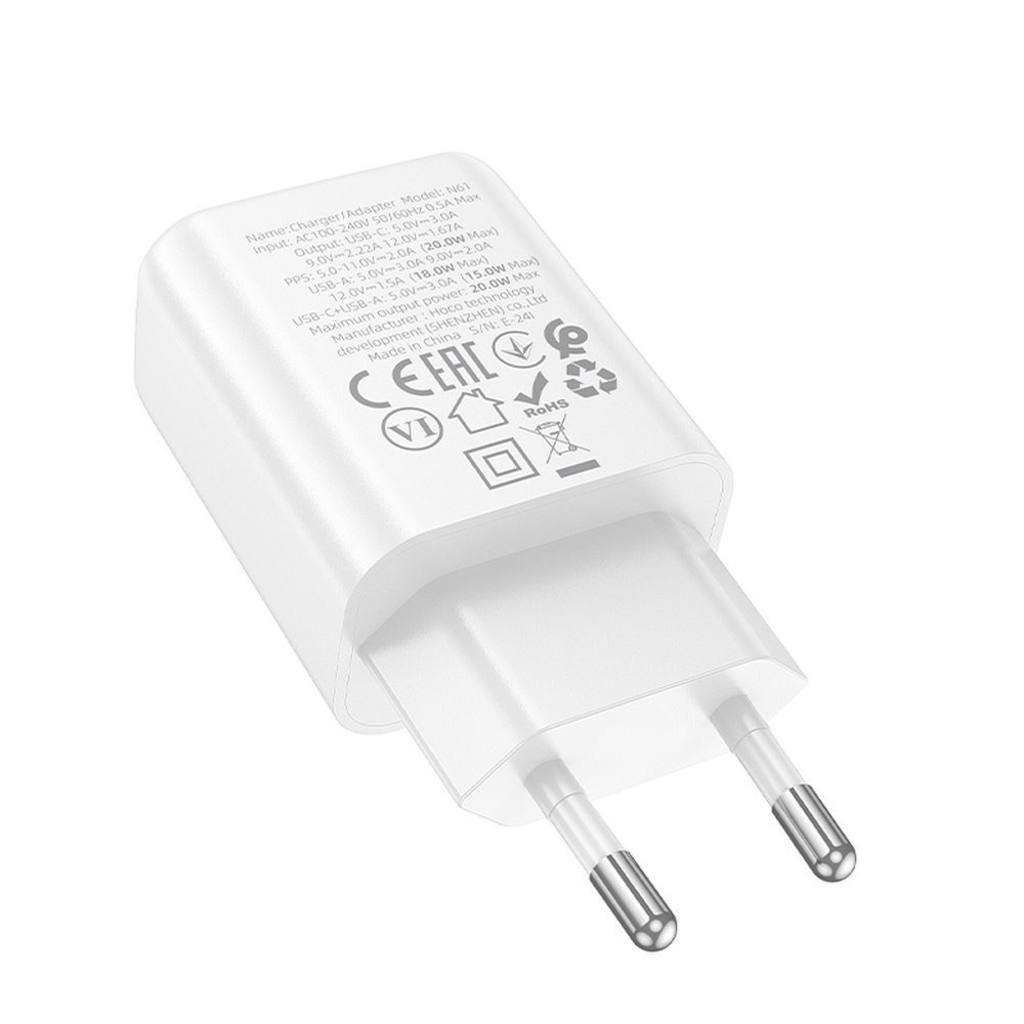 HOCO fali töltő USB A + Type C PD QC3.0 3A 20W N61 fehér - 3